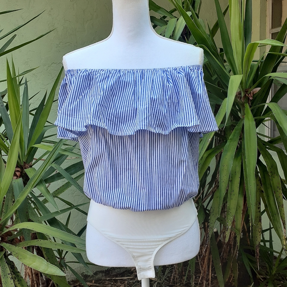 One Shoulder Blue Striped Ruffle bodysuit